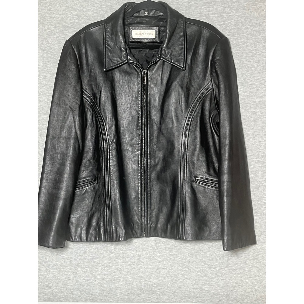Vintage Jones New York Black Genuine Leather Jacket Zip Front Coat Womens XL